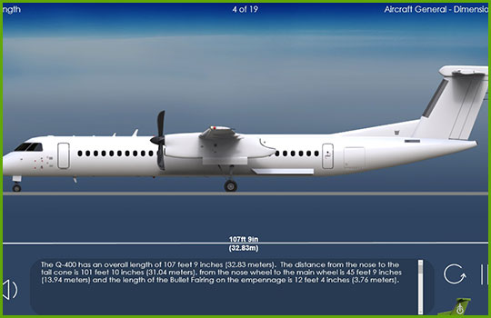 Q400 Initial and Recurrent Training Course program slide covering the physical dimensions of the aircraft