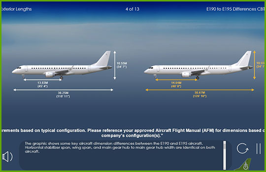 EMB 190 to EMB 195 differences training course slide showing the difference in dimensions between the two aircraft