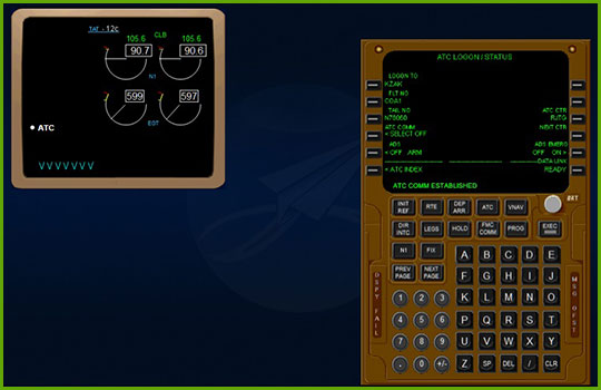 CPDLC - Boeing 737NG training course slide showing an example ATC communication instrument panel