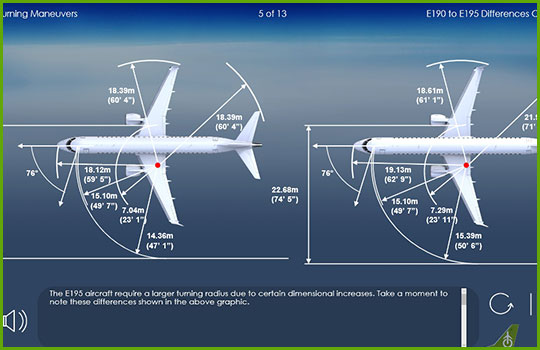 EMB 190 to EMB 195 differences training course slide showing the difference in turning radius between the two aircraft