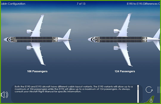 EMB 190 to EMB 195 differences training course slide showing the difference in passenger cabin configuration between the two aircraft