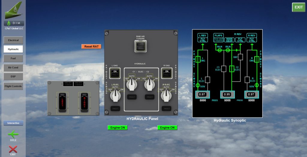 Boeing 787 Interactive Aircraft System diagram screenshot showing diagrams and examples of various instruments and systems related to 787 aircraft hydraulics