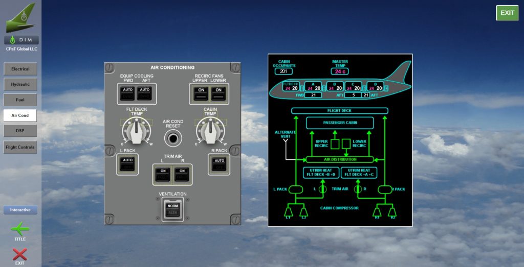 Boeing 787 Interactive Aircraft System diagram screenshot showing diagrams and examples of various instruments and systems related to 787 aircraft air conditioning
