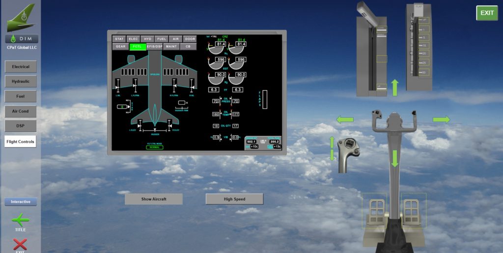 Boeing 787 Interactive Aircraft System diagram screenshot showing diagrams and examples of various flight controls and their effect on the aircraft